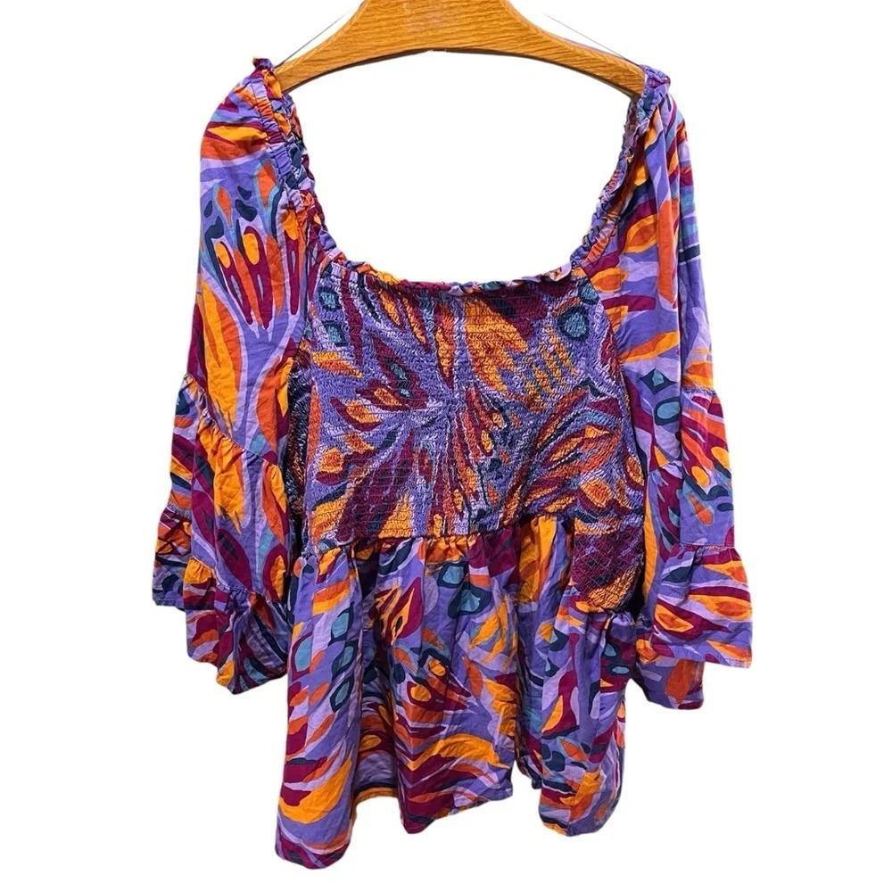 TERRA & SKY ~ Bright  Boho Smocked Top with Tiered Bell Sleeves Cotton Rayon 4X - Picture 2 of 10
